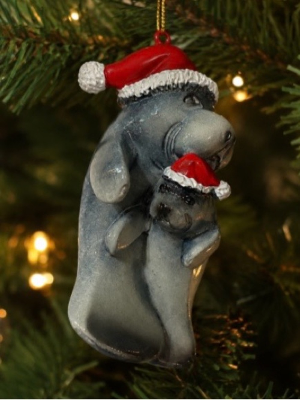 VTG Manatee Mom & Baby Christmas Ornament Santa Hats Coastal Beach Holiday Decor